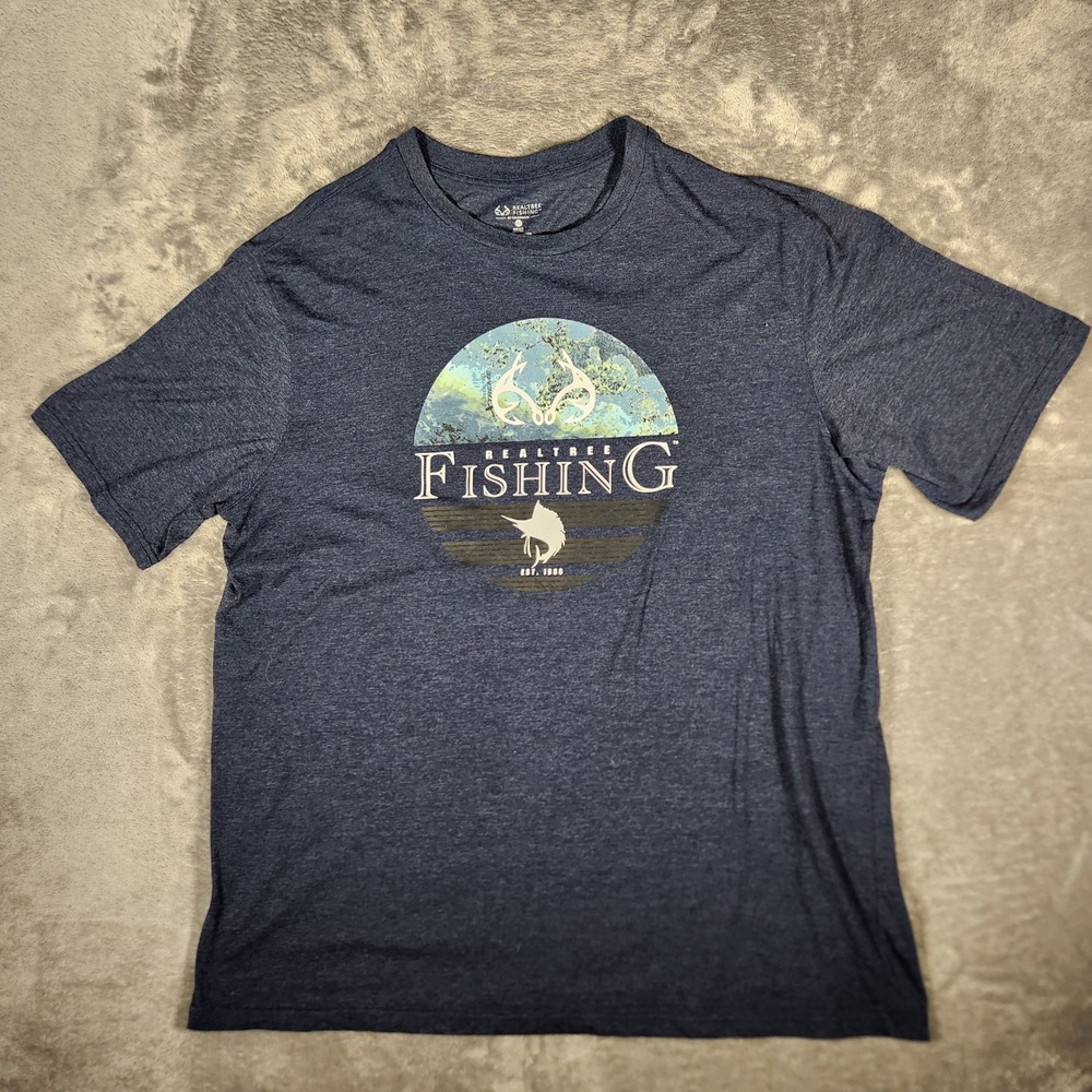 Realtree Fishing T-Shirt Mens 2XLT Blue Excellent Graphic Short Sleeve Big Tall